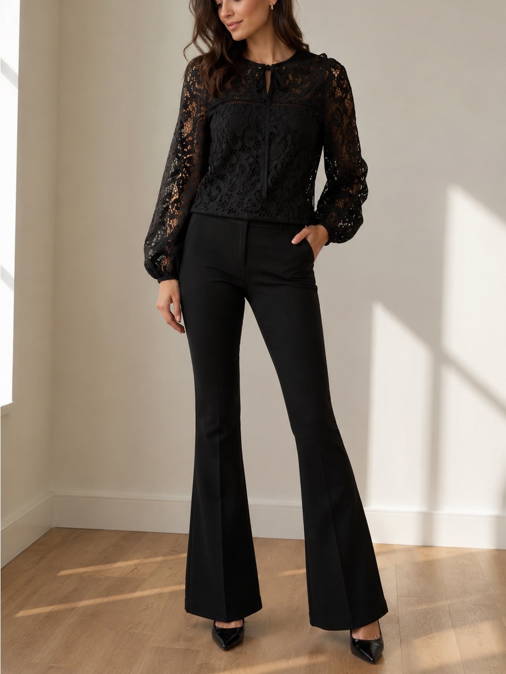 INC International Concepts Black Lace Long-Sleeve Blouse